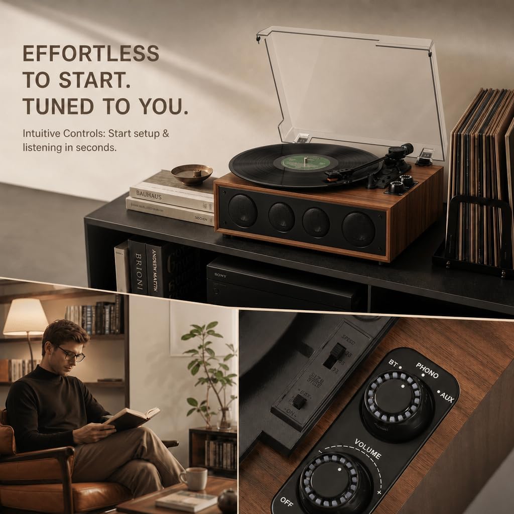 Vinyl Record Player Bluetooth Turntable, Built-in with 4 Speakers, Adjustable Counterweight, 3-Speed Belt-Driven Wireless Record Player with LED Light Knobs, RCA Out, AUX-in, Brown Wood