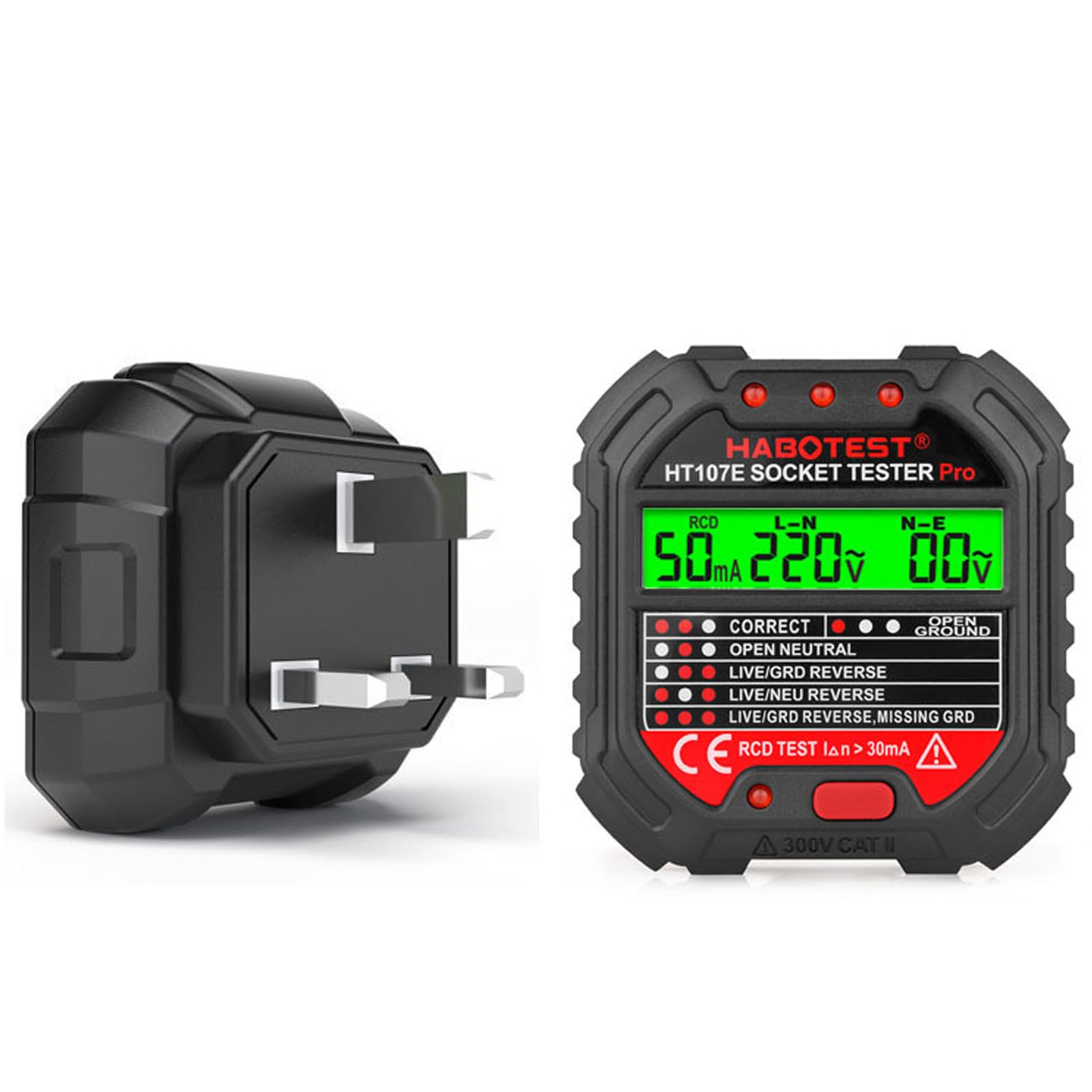 Socket Tester RCD Plug Outlet Tester UK, Electrical Receptacle Detector with LCD Display, 90-250V Power Socket Automatic Electric Circuit Polarity Voltage Detector Plug Breaker Finder (HT107E)