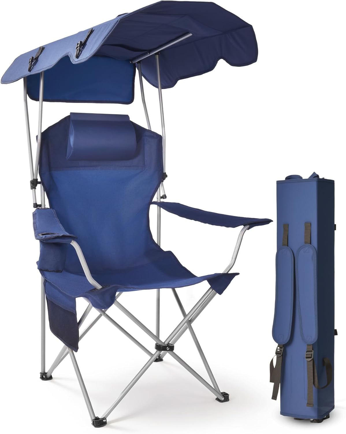 East Oak Camping Chair with Canopy | 25'' High Back Folding Beach Chair with Canopy Shade, Removable Headrest, Cup Holder, Side Pocket, 330 lbs Heavy Duty for Sports Events, Fishing