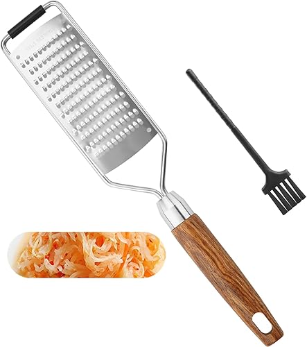 SHIKORI Rallador de queso de acero inoxidable con mango de madera natural para queso parmesano, limón, jengibre, queso, nuez moscada, papa,