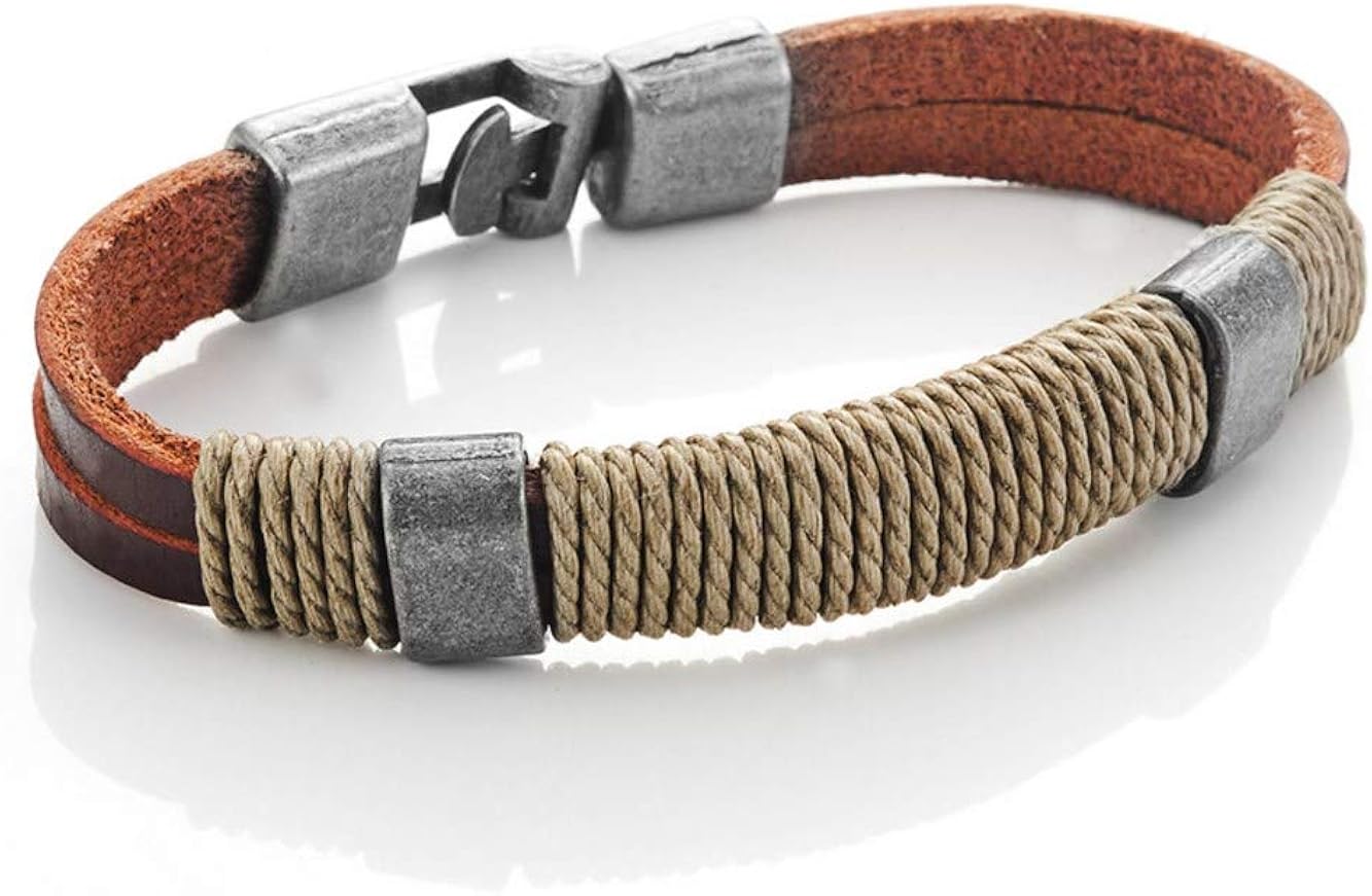 URBAN JEWELRY Braided Genuine Leather Bracelet with Locking Stainless Steel Clasp (Unique Designs Options) Nature Thread Bracelet