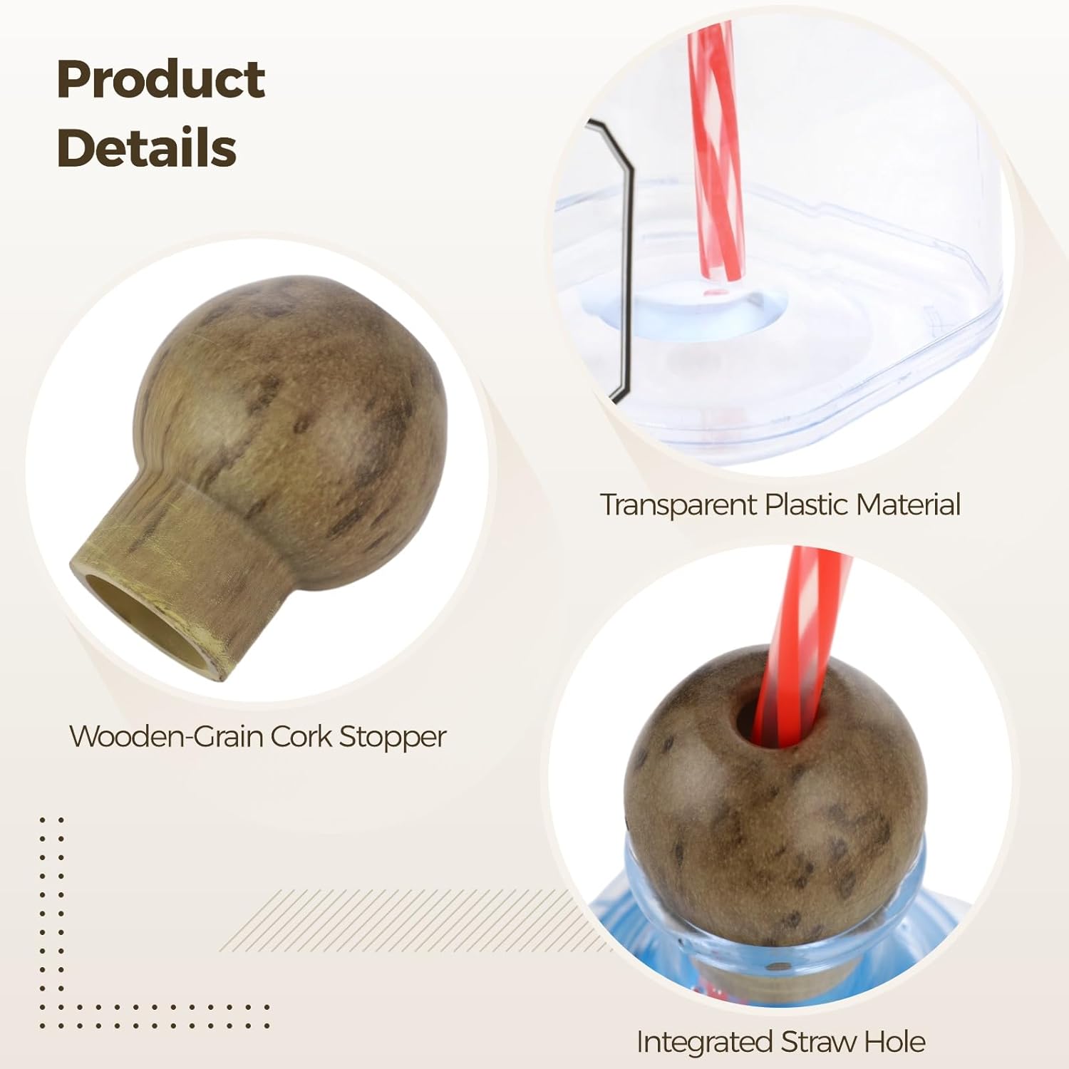 4 Pcs Mini Tequila Bottles Empty for Drinks, 12.7 oz Reusable Plastic Drinking Bottles with Wood Grain Stoppers and Straws, Portable Travel Size for Parties and DIY Beverages