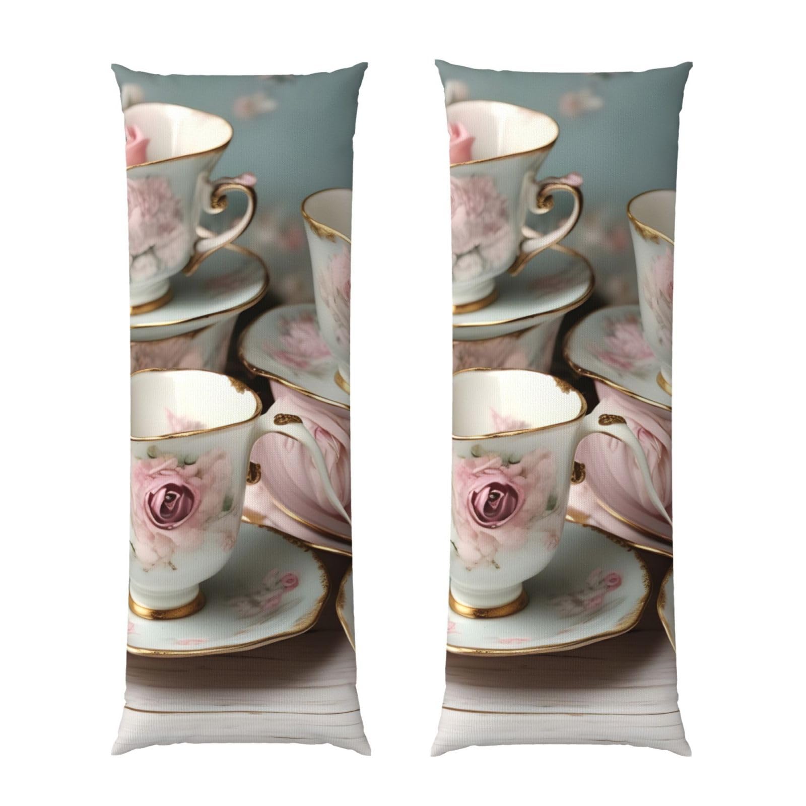 Taie d'oreiller longue respirante tasses à thé et roses romantiques esthétique