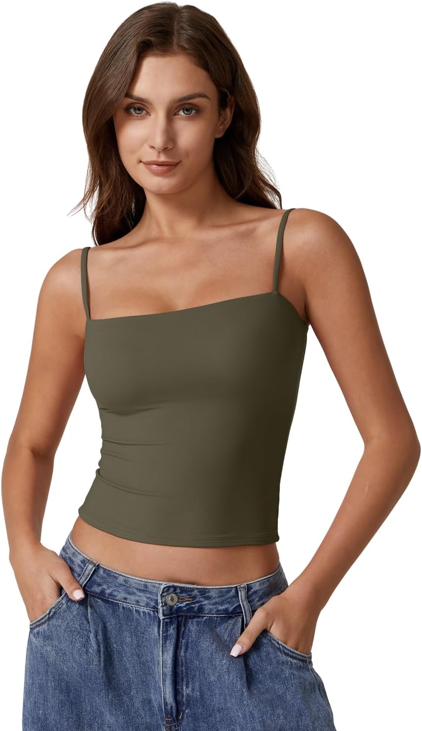 QINSEN Women's Double Lined Basic Tank Top Adjustable Spaghetti Straps Sleeveless Camisole Shirts - Image 2