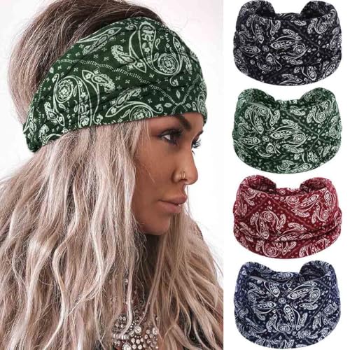 Acenail Wide Headbands Women Boho Turban Knotted Headband Floral Elastic Non Slip Hairband Workout Yoga Head Scarfs Bohemian Headwraps Fashion Hair Accessories for Women and Girls 4Pcs (Boho)