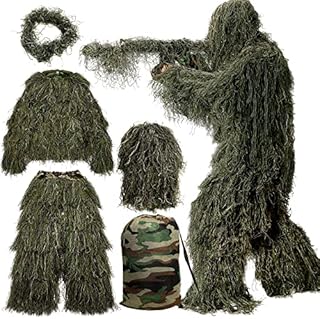 MOPHOTO 5 in 1 Ghillie Suit, 3D Camouflage Hunting Apparel Including Jacket, Pants, Hood, Carry Bag Suitable for Unisex Adults (S/M/L/XL/XXL)