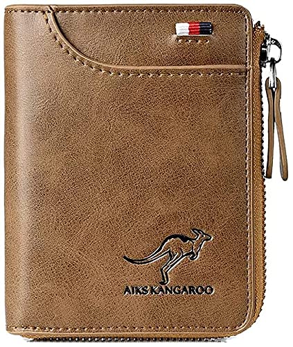 Gerrit Multi-Functional RFID Blocking Waterproof Durable PU Leather Wallet, Large Capacity Zipper Wallets for Men Holds 1-15 Cards, Soft Slim Genuine Leather RFID Blocking Wallet Technology, Khaki