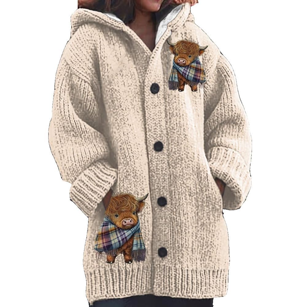 Womens Highland Cow Print Knitted Cardigan Casual Highland Cow Sweater Christmas Cow Cardigan for Women