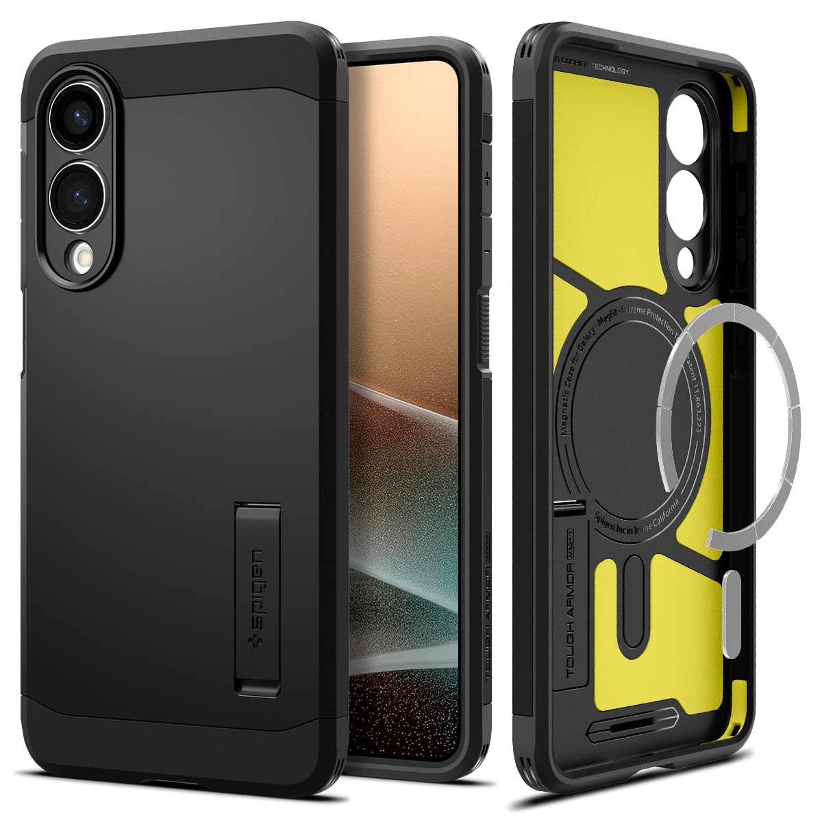 Spigen Tough Armor (AI) MagFit für Samsung Galaxy S25 Edge Hülle mit [Stoßdämpfendes Pad], [verstellbarem Kickstand], MagSafe kompatibel –Schwarz