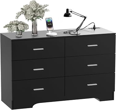 FJTJBSI Dresser with Power Outlets Wooden 6 Drawer Dresser with USB and Type C Port Chest of Drawers for Bedroom Tall Black Organizer Storage for Living Room Hallway Closet