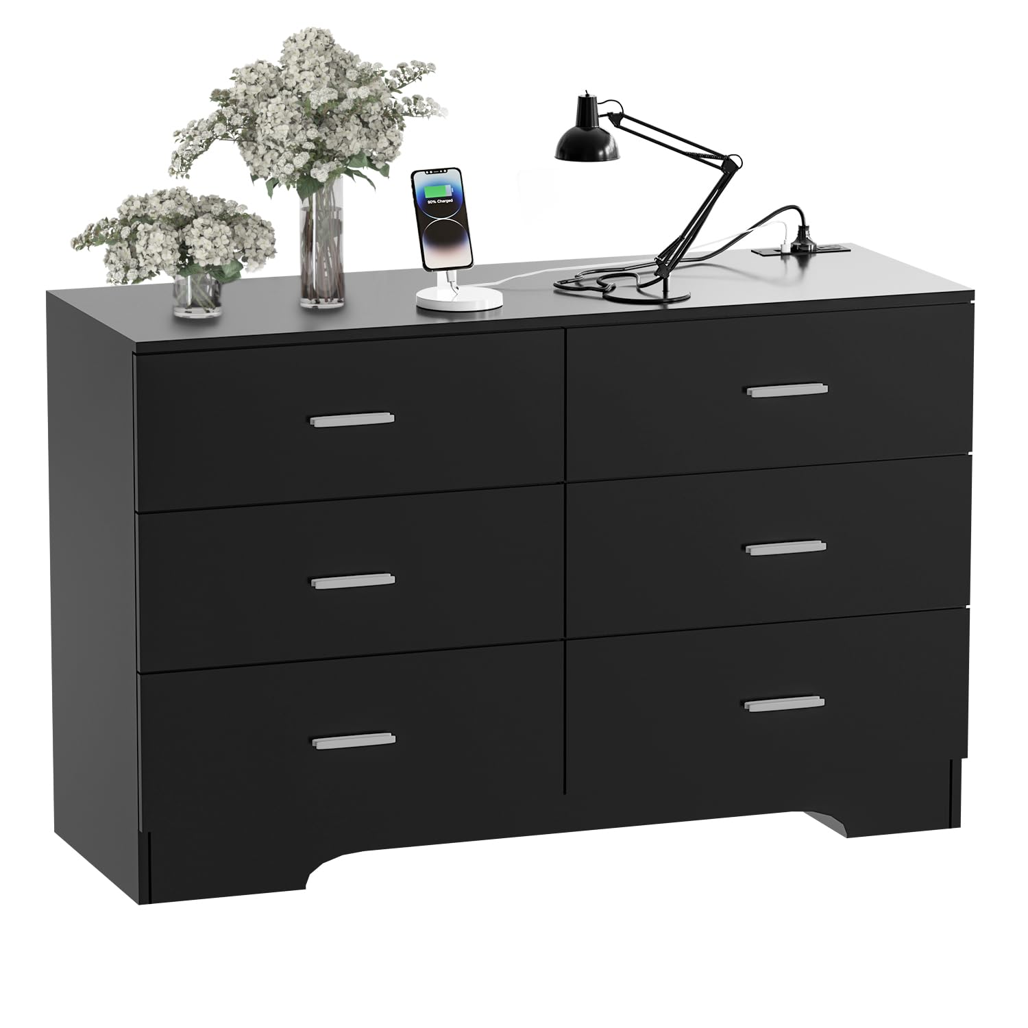 Dresser with Power Outlets Wooden 6 Drawer Dresser with USB and Type C Port Chest of Drawers for Bedroom Tall Black Organizer Storage for Living Room Hallway Closet