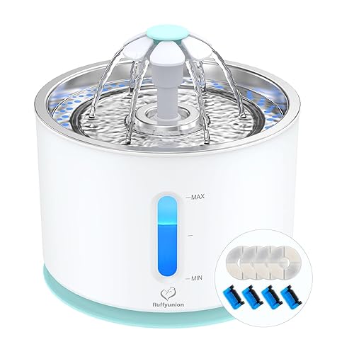 FluffyUnion Cat Water Fountain with Stainless Steel Lid with 4 Filters & 4 Sponges, 2.4L/81oz Automatic Pet Water Dispenser for Cats and Dogs