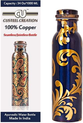 Miniatura 26 de Custeel Creation Botella de agua de cobre puro de 1 litro - (99.74%) frasco de cobre sin juntas sin costuras (acabado mate)