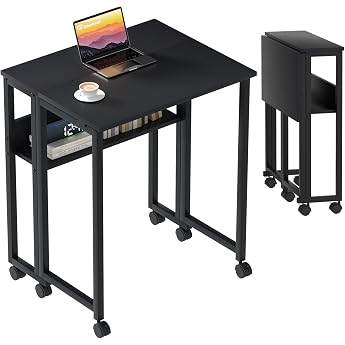 GreenForest Small Folding Desk with Wheels 80 cm Folding Desk Space Saving & Easy Assembly - for Home Office Students & Small Spaces Black