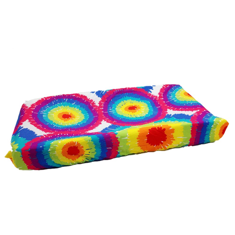 one grace place terrific tie dye changing pad cover, aqua blue, royal blue, purple, yellow, green, orange, pink, red and white