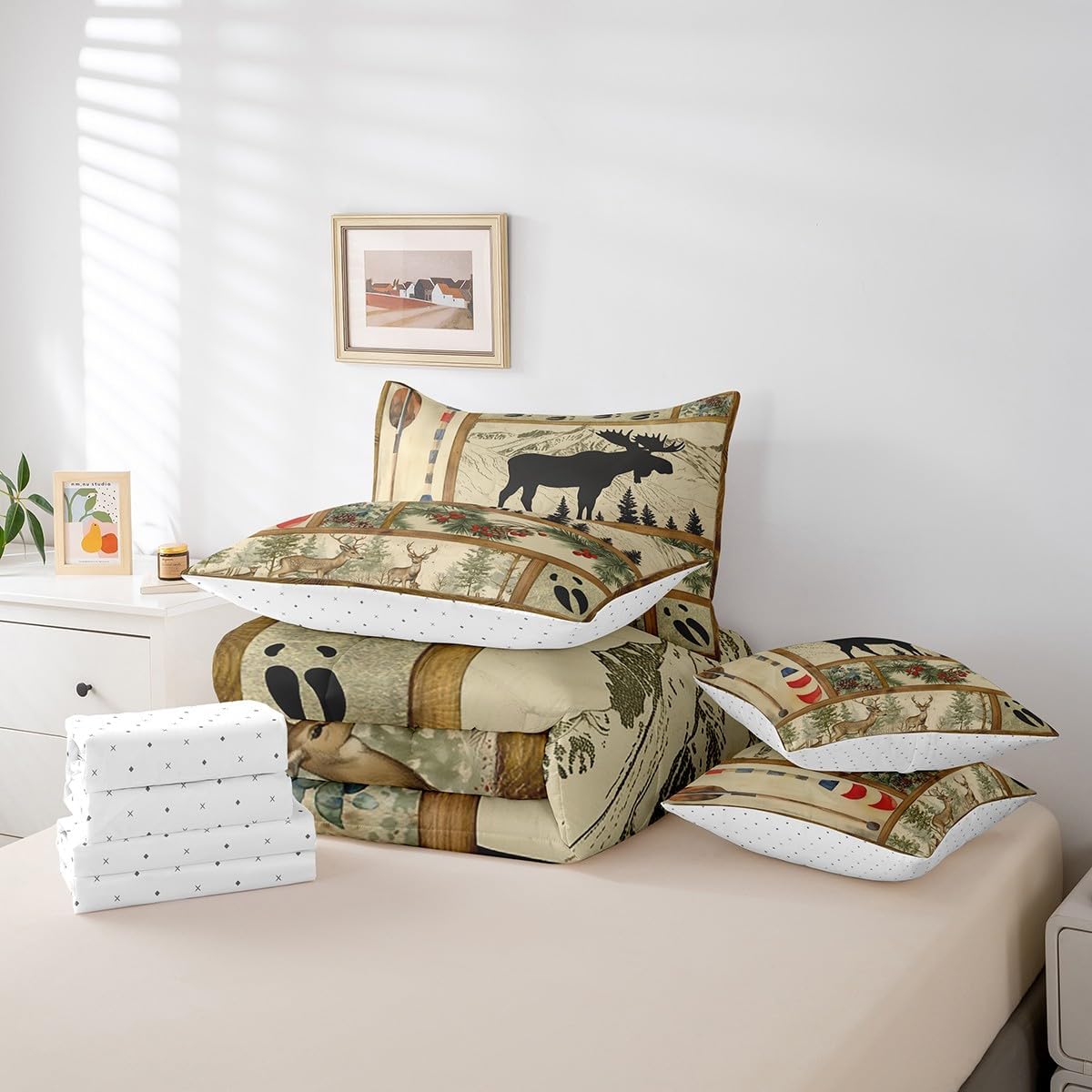 Erosebridal Retro Cabin Lodge Decor Comforter Set Queen Bed in a Bag,Rustic Farmhouse Moose Bedding Set,Lake House Decor Paddle Flat Fitted Sheet,Woodland Pine Tree Down Comforter,Buffalo Plaid Quilt