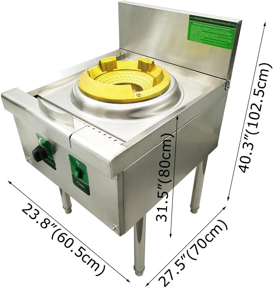 TECHTONGDA Commercial Gas Stove Chinese Wok Range Burner Stainless Steel 12.2" Gas Range LNG LPG Cooker Single Stove with Fan for Chinese Cuisine