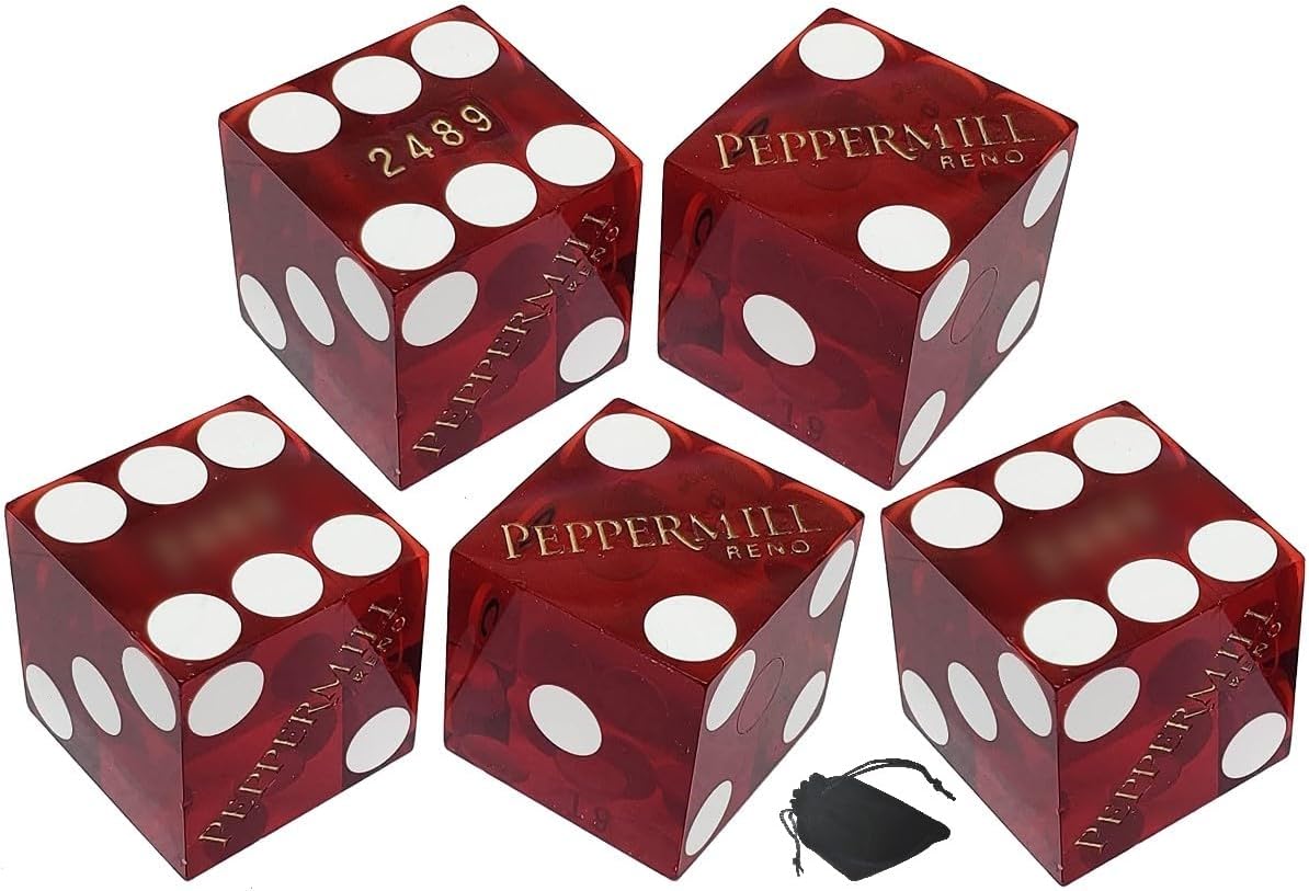 Authentic Casino Dice w/Pouch + Genuine Leather Cup Wide Opening (Red Felt Lining, Reno Peppermill Dark Red Polished)