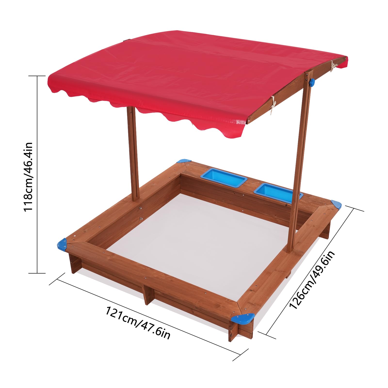 Sandkasten mit Dach 126x121x118cm Holzsandkasten mit Abdeckung & Matschküche für Kinder Sandkiste aus Holz mit praktischem Sitzflächenrand für Outdoor und Garten (Rot, Braun)
