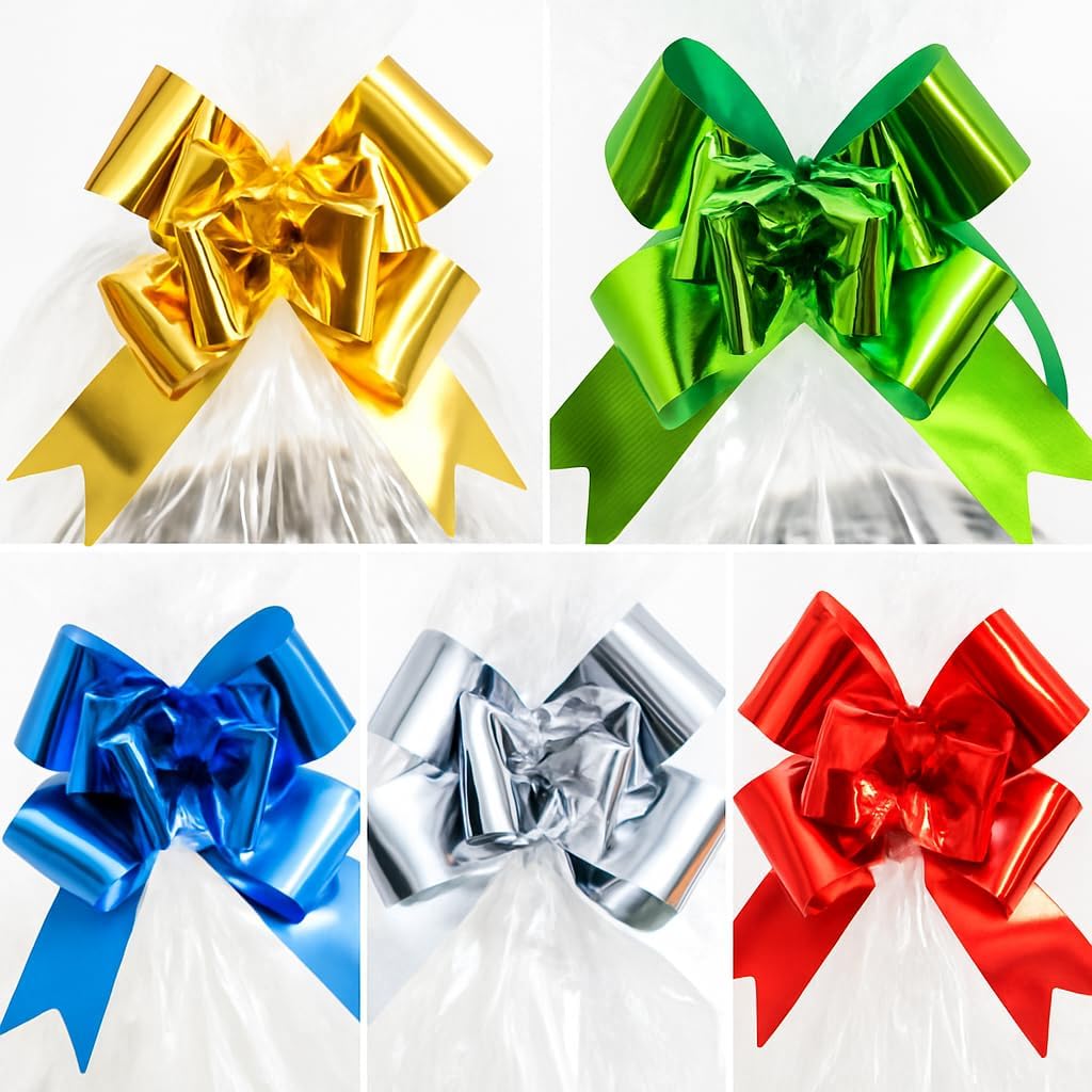 5 Extra Large Cellophane Hamper Bags with 5 Pull Bows – Gift Wrapping Set for Easter, Christmas, Birthdays & Special Occasions (102.5 x 70cm) – Clear Cello Bags - Red, Gold, Silver, Blue & Green Bows