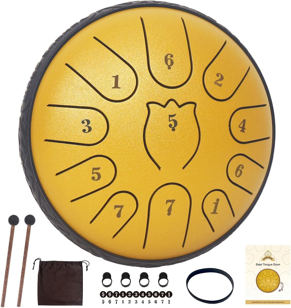 Rain Drum for Outside Garden,Steel Tongue Drum 6 Inche 11 Note Steel Drums Rain Chime,with Soft Bag,Music Book,2 Mallets(Yellow）
