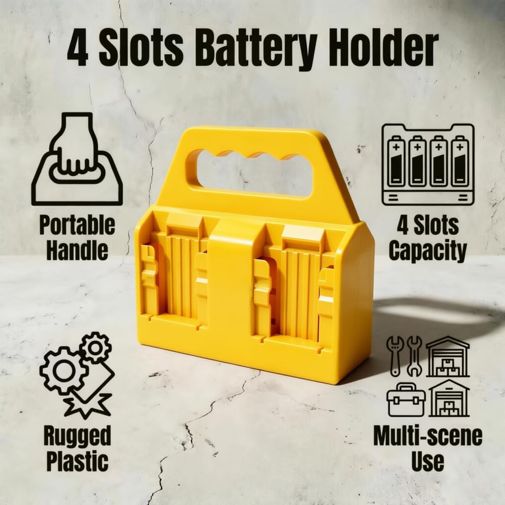 18V-60V 4-Slot Lithium Battery Organizer Rack – Portable ABS Carrying Case for Worksite, Garage & Home Storage
