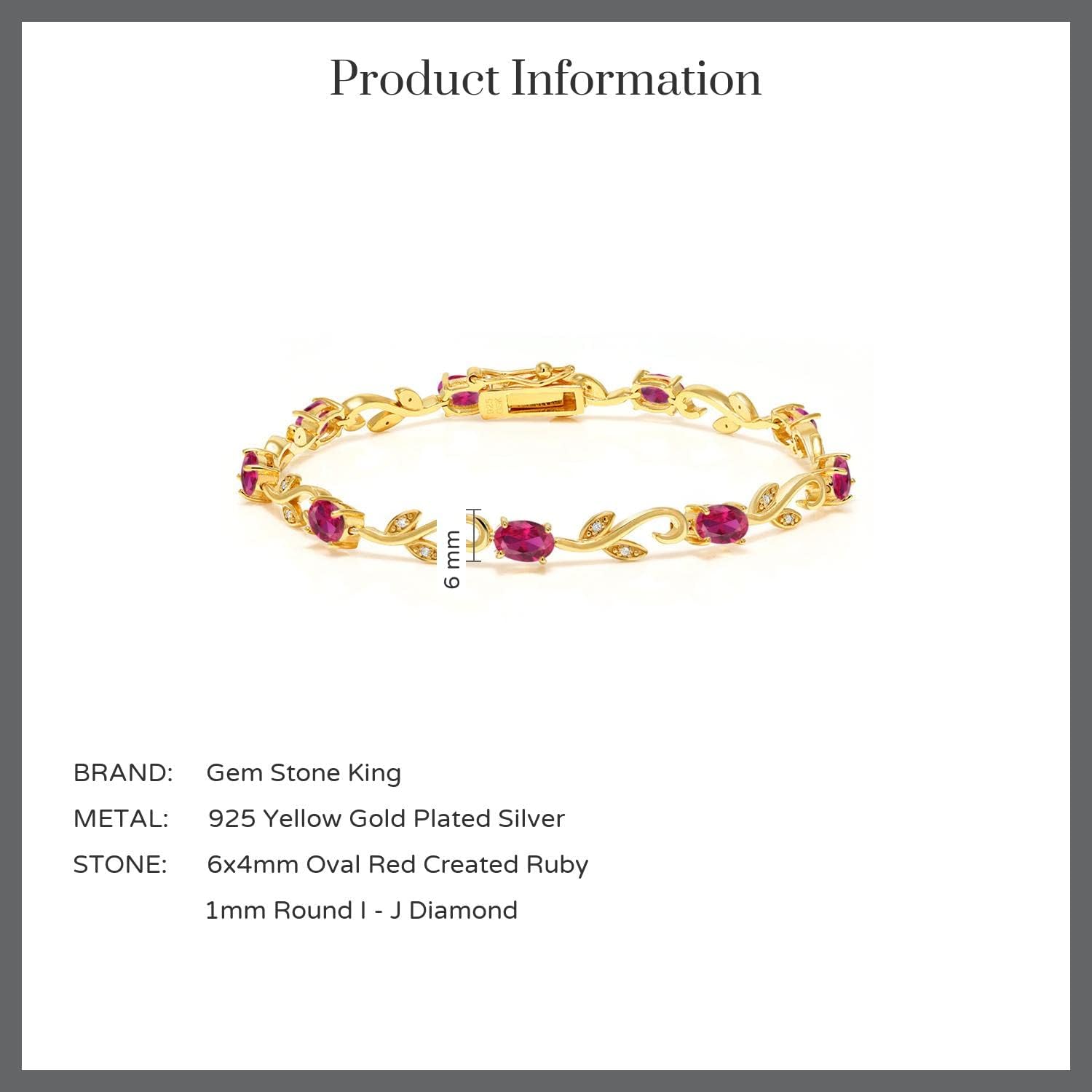 Gem Stone King 18K Yellow Gold Plated Silver Created Ruby and Diamond Greek Vine Tennis Bracelet For Women (4.63 Cttw, 7 Inch)