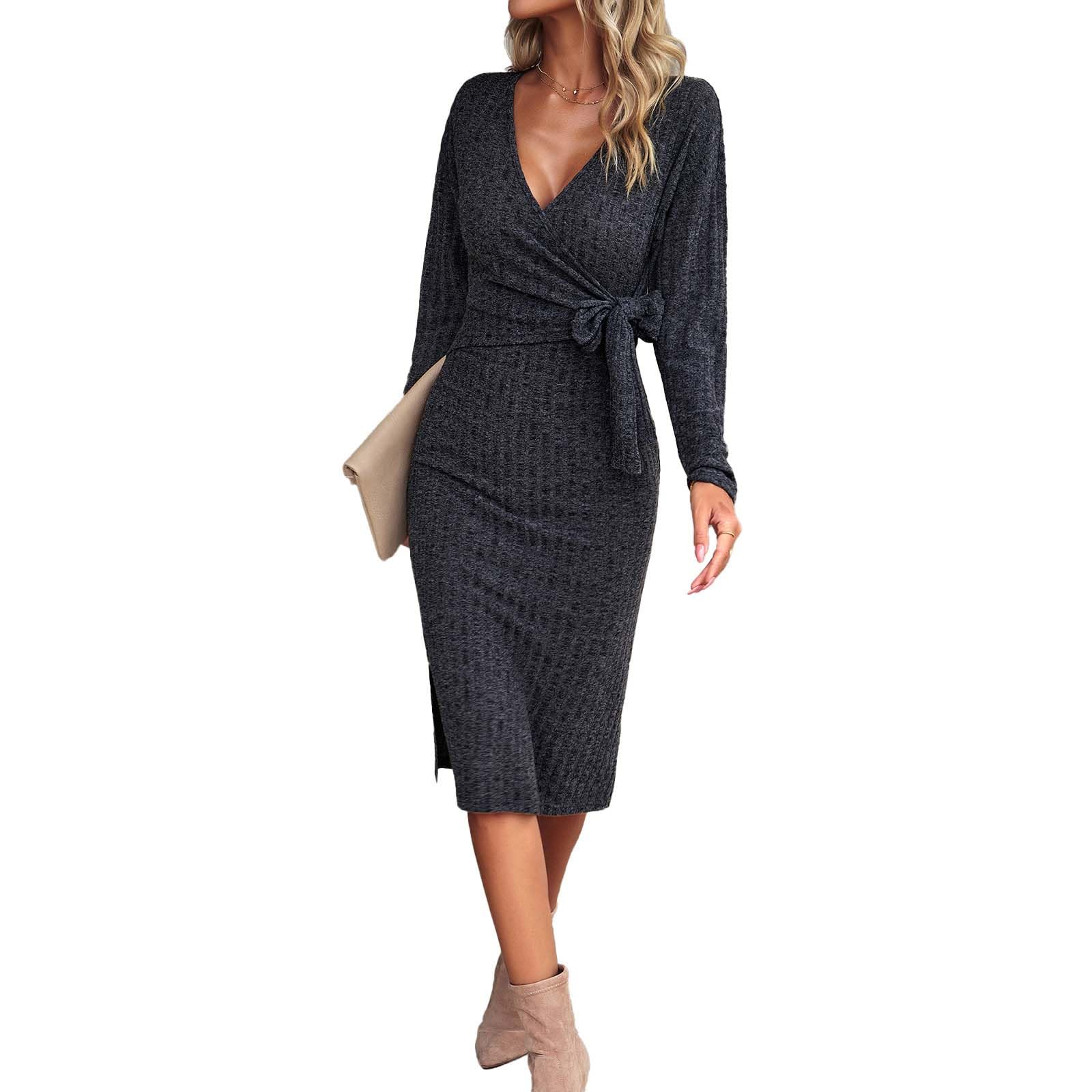 PTKG Women's Knitted Dress, Figure-Hugging Dress with Slit, Sweater midi Dress, Jumper Dress, Knitted Dress with Slit, Casual Dress, Sexy Winter Dress,Dark Gray,XL