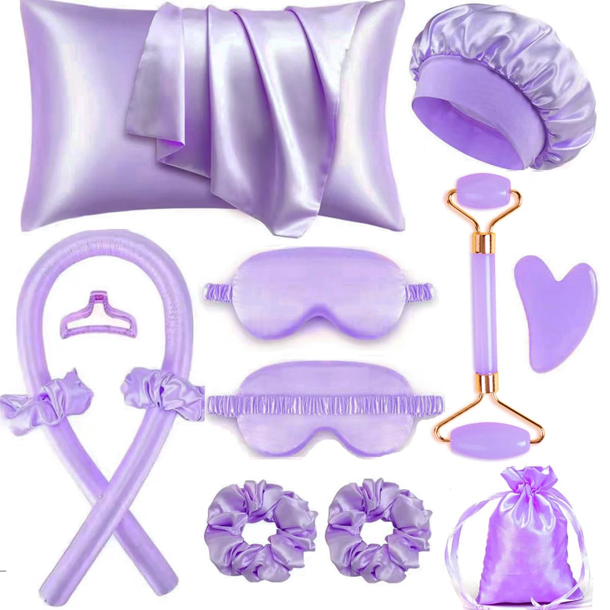 Heatless Curls Overnight Hair Curlers with Satin Pillowcase for Hair and Skin Queen Set, Sleeping Bonnet Eye Mask and Face Massager, 12pcs Hair Styling Tools Set for Sleeping(Purple) purple20x26inch