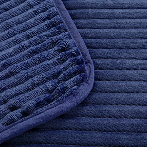 Hombys 10 X 10 Big Fleece Blanket With Stripe Pattern,Soft Oversized King Fuzzy Bed Blanket,3D Jacquard Large Warm Lightweight Flannel Blanket 120X120 Inches,Navy Blue #TOP6