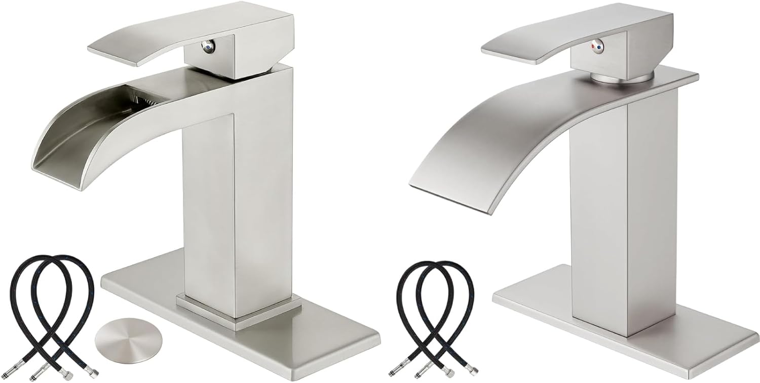 Midanya Brushed Nickel Single Handle Slotted Waterfall Vanity Bathroom Sink Faucets with Brushed Nickel 6 Inch Waterfall Spout Bathroom Faucet Single Handle 1 Hole Bathroom Sink Faucet