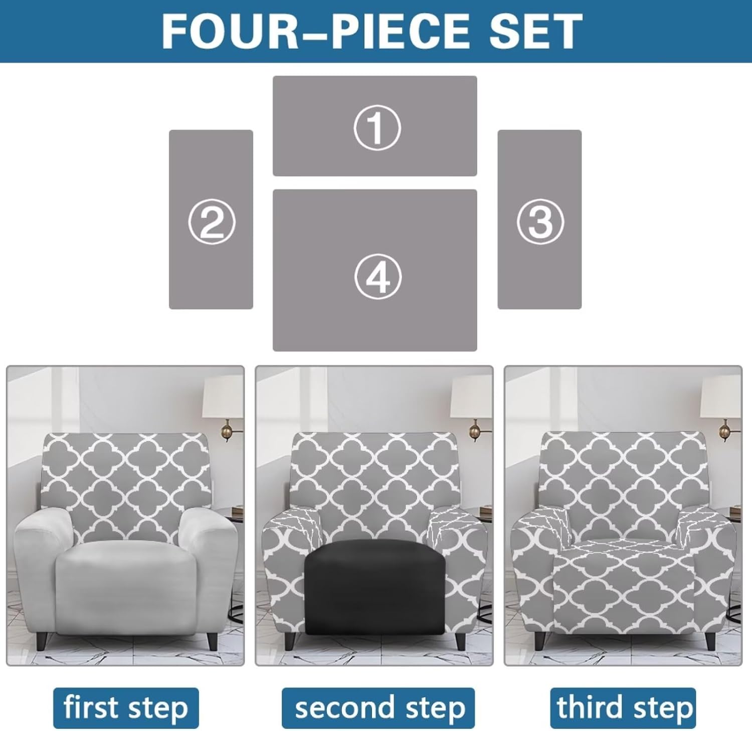 Recliner Covers 4 Pieces Washable Grey Slipcovers for Reclining Chair Lazy Boy Recliner Chair Covers That Stay in Place Stretch Furniture Protector for Pet, Kids