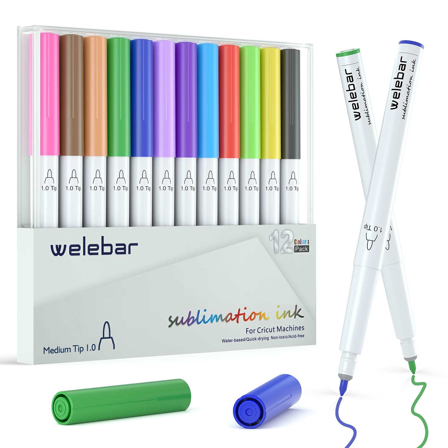 Welebar 1.0 Tip Sublimation Pens for Cricut Maker 3/Maker 4/Explore 3/Explore 4/Air 2, Set of 12 Assorted Colours, Medium Point Markers for Mugs T-Shirts DIY Crafts