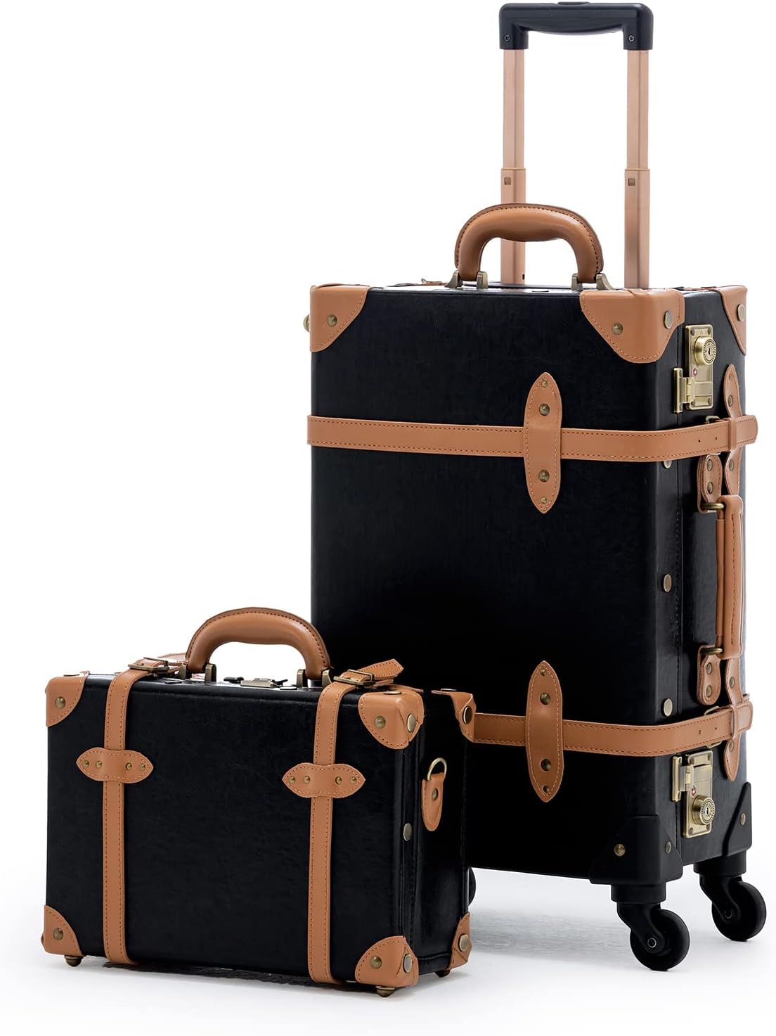 2 Piece Vintage Luggage TSA Lock Small Carry On Suitcase Sets for Travel with Spinner Wheels, Black