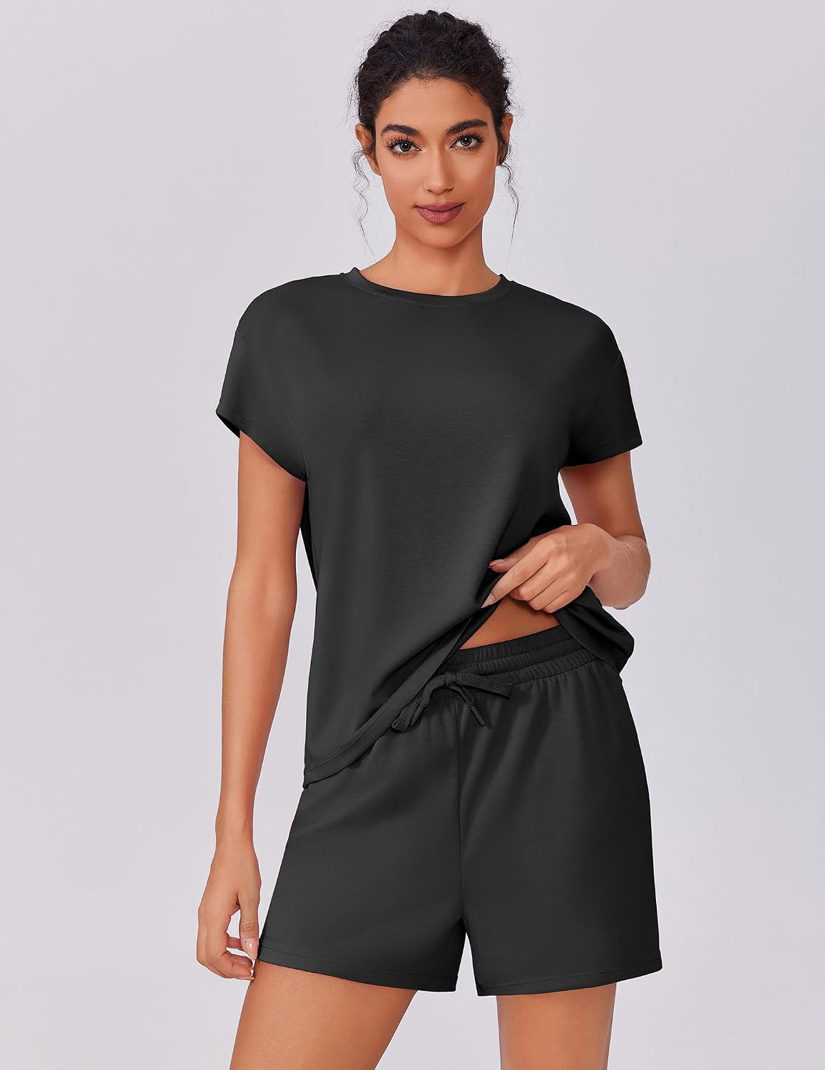 PINSPARK 2 Piece Sets for Women Summer Crewneck Matching Shorts Lounge Set with Pockets Casual Travel Outfits 2025 Trendy
