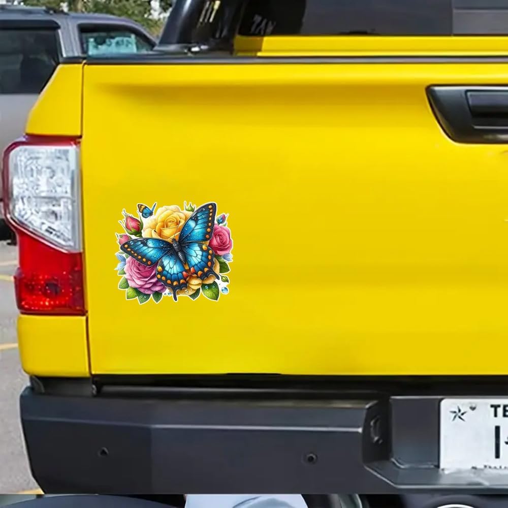 2 pcs Blue Butterflies and Colorful Flowers Funny Car Bumper Sticker,6 Inch Vinyl Decal, Waterproof,Die-Cut for Cars,Windows,Laptops HYD-01