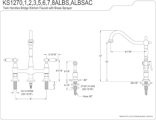 Miniatura 3 de Kingston Brass KS1270ALBS Heritage Bridge - Grifo de cocina, 8-916 pulgadas, negro mate
