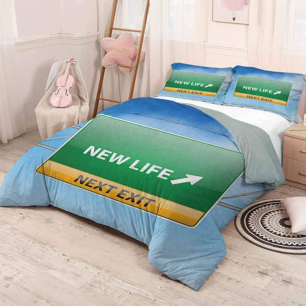 prunushome Going Away Party Comforter Bedding CoverNew Life Concept with Road Sign on Blue Sky Next Exit Art Print Comfy Bedding Blue Green Yellow 90x90in/20x30inx2