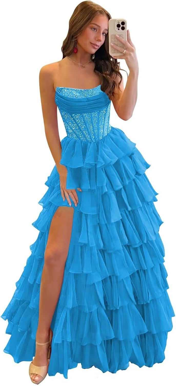 Strapless Ruffle Prom Dresses 2026 Sparkly Long Tiered Sequin Corset Formal Evening Party Gown with Slit