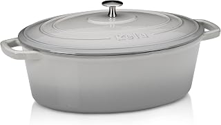 kela Bräter Gusseisen oval 6 Liter, Dutch Oven CALIDO, Induktion Gussbräter mit Deckel, Gusseisen Topf Brot backen, emailliert, hellgrau