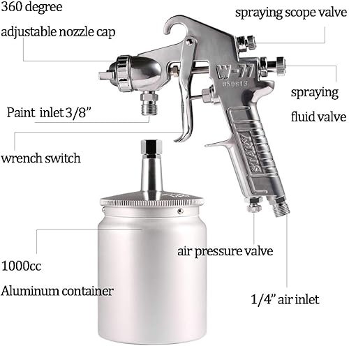 Miniatura 2 de W77 Pistola rociadora de alimentación de sifón con taza de 1000cc, pistola rociadora de boquilla de 0.079 in, mango plateado