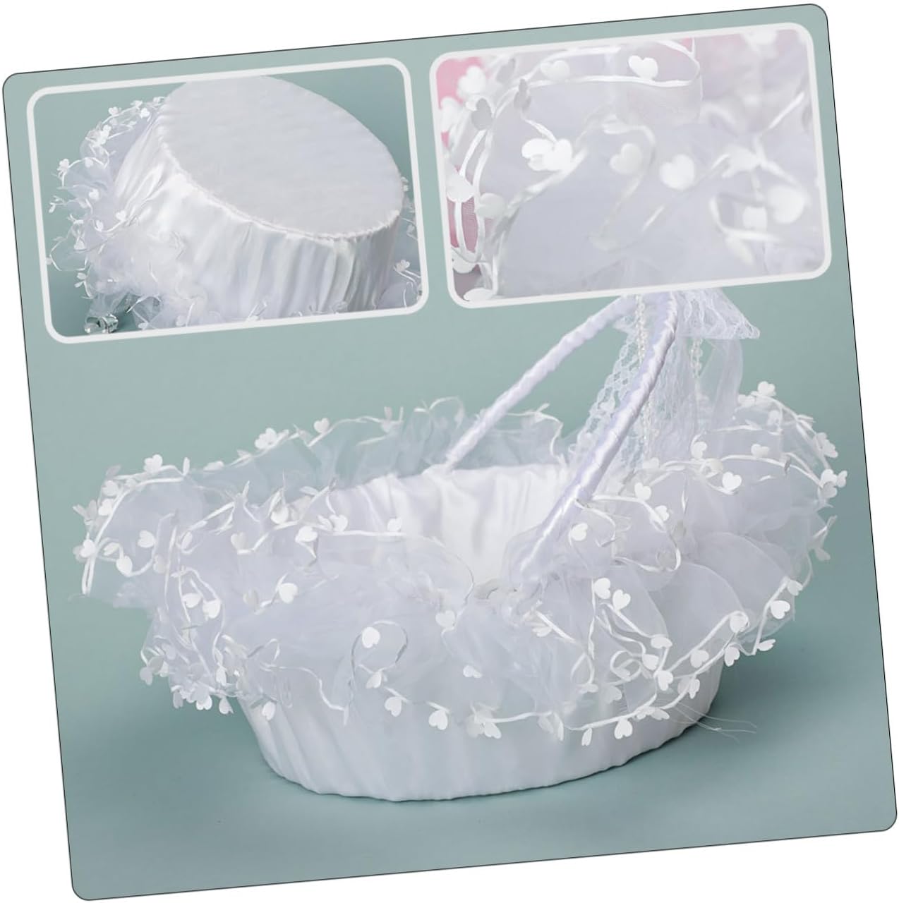 Portable Lace Wedding Flower Basket with White Bowknot, Adjustable Handle, Multi-purpose Flower Girl Basket for Ceremony and Party Supplies