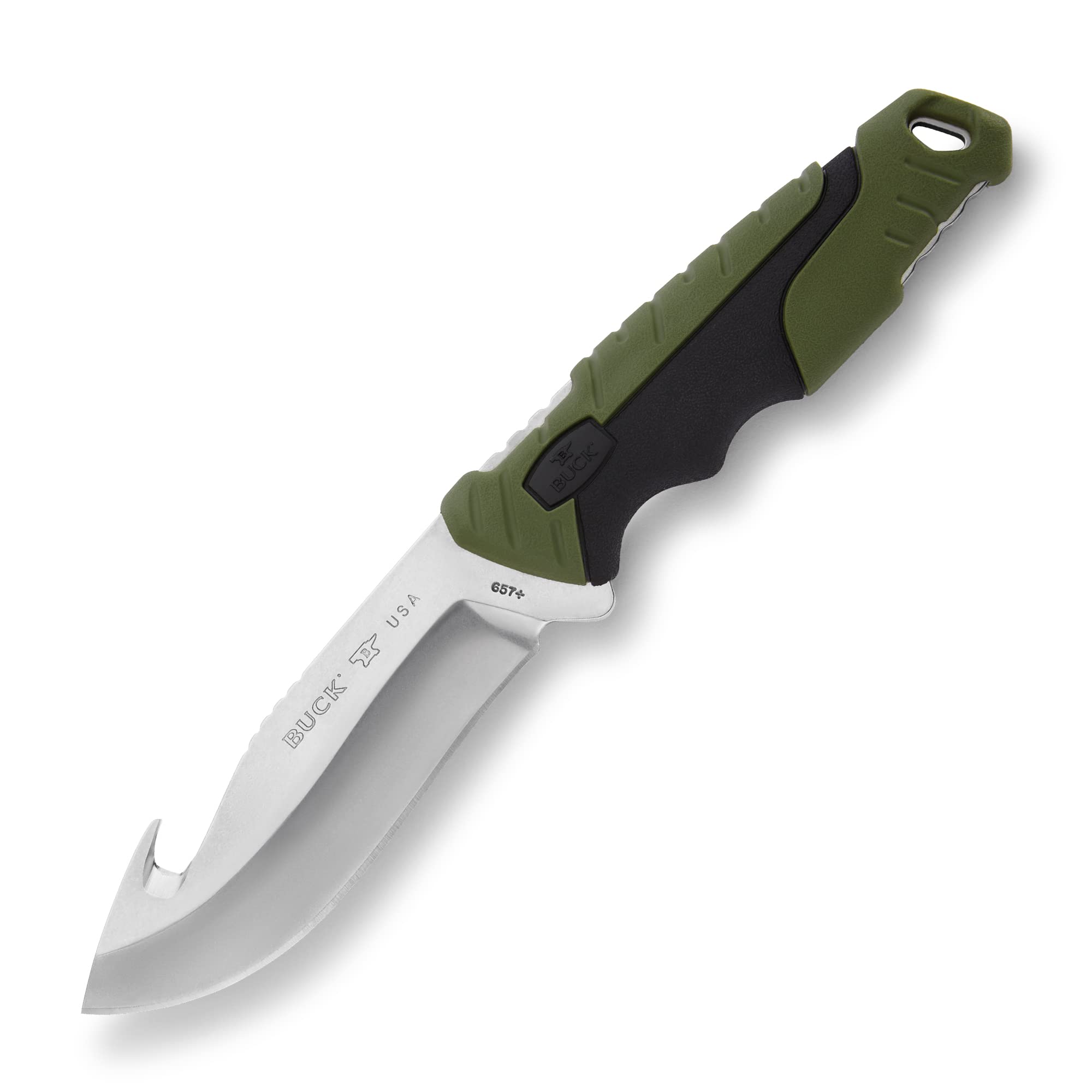 Buck Jagdmesser 657 PURSUIT, Stahl AISI 420HC Full Tang, Aufreißhaken, GFK-Nylon/Versaflexgriff, schwarzgrüne Scheide