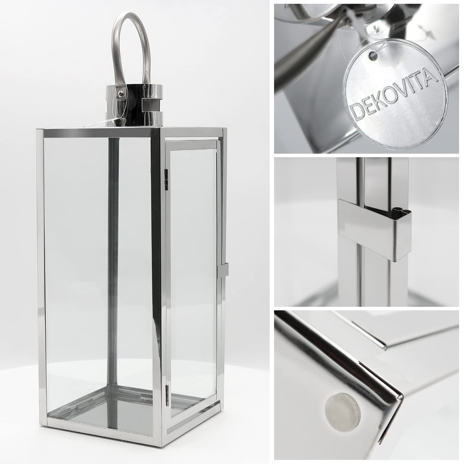 Dekovita 42cm Laterne aus Edelstahl - Gartenlaterne mit Glas-Scheiben und Henkel - Metall Deko-Laterne Windlicht