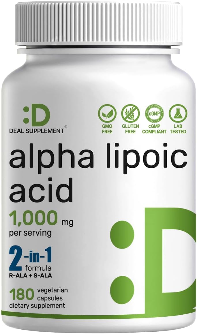 Alpha Lipoic Acid 1,000mg, 180 Veggie Capsules – 50/50 R-ALA & S-ALA for Max Bioavailability – Antioxidant Supplement – Energy & Nervous System Support – Non-GMO