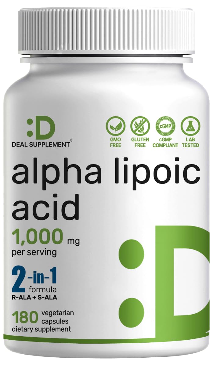 Alpha Lipoic Acid 1,000mg, 180 Veggie Capsules – 50/50 R-ALA & S-ALA for Max Bioavailability – Antioxidant Supplement – Energy & Nervous System Support – Non-GMO
