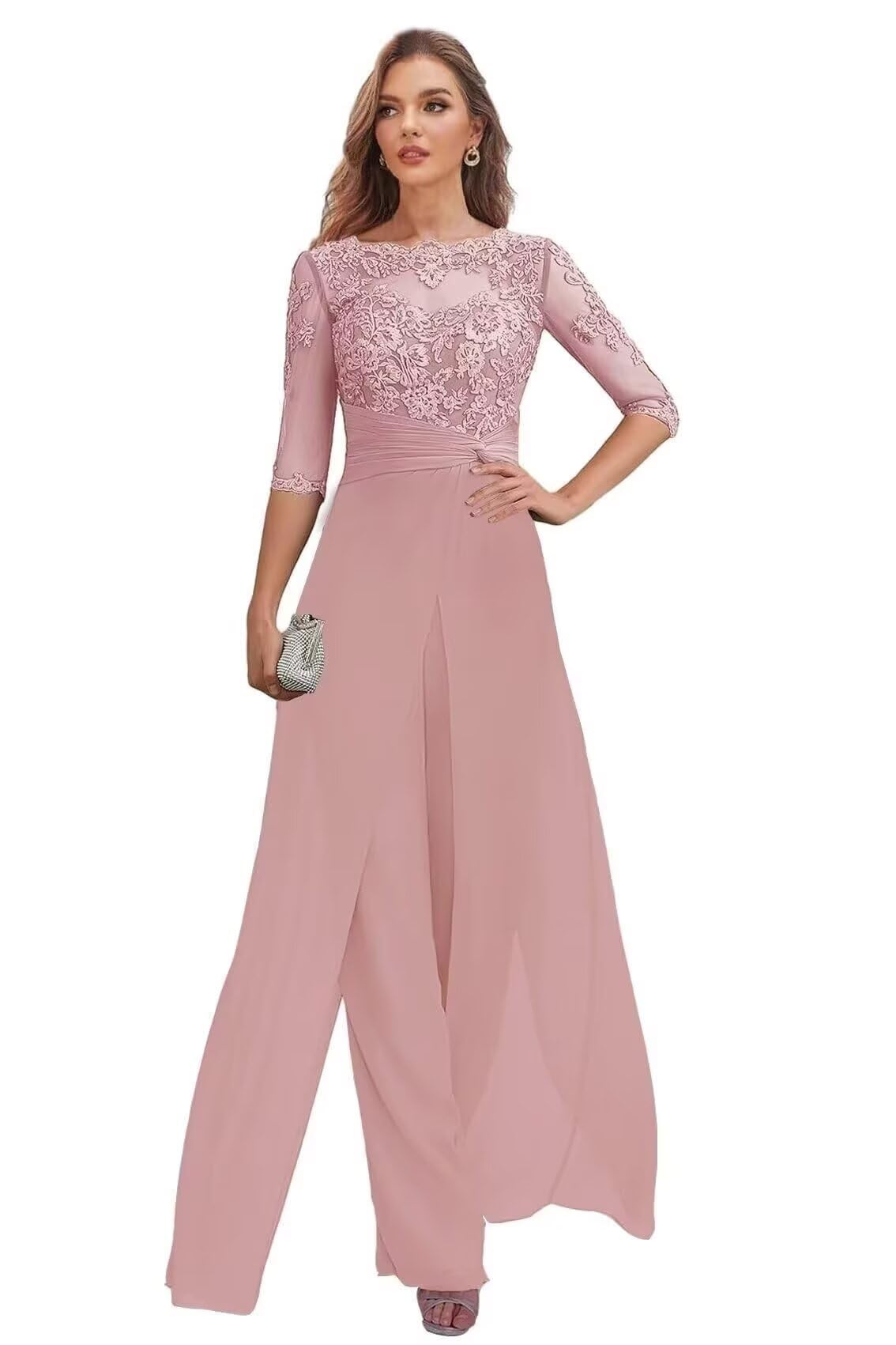 2 Pieces Mother of The Bride Pant Suits for Women Dressy - Chiffon Lace Applique Wedding Guest Formal