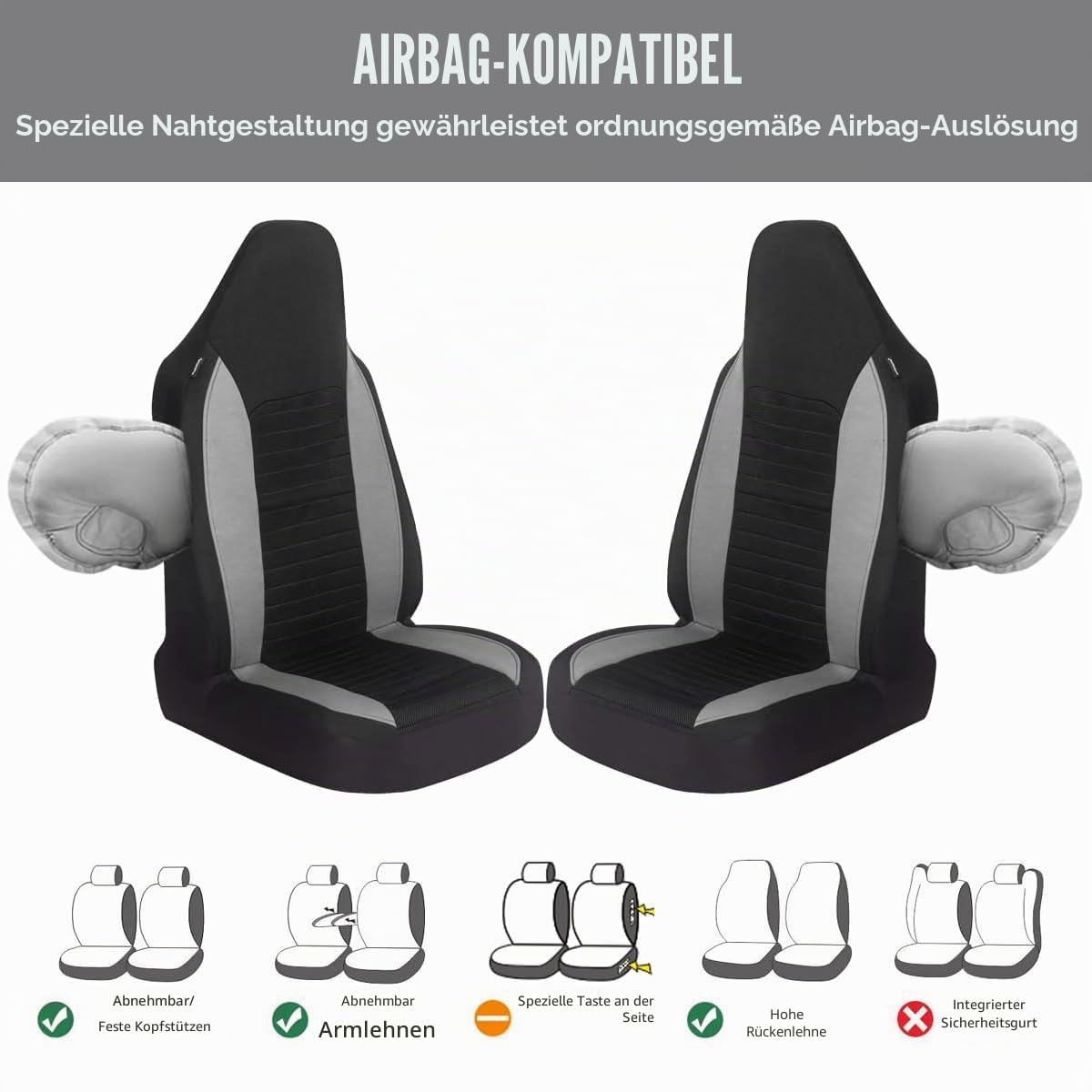 AUTOYOUTH Autositzbezüge Vordersitze Autositzschoner für Hund Kinder Sport Arbeit Werkstatt usw. Bucket-Typ integrierte Autositzschoner Auto Sitzbezüge mit Airbag Universal Kfz Sitzauflage Auto, Grau
