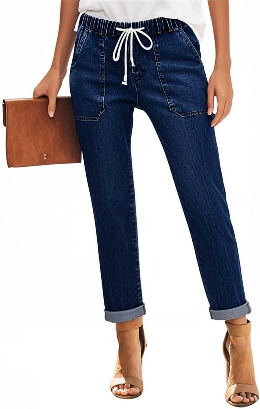 Sweezarmo Women's Pull On Solid Color Jeans Drawstring Elastic Waist Denim Stretch Joggers for Women