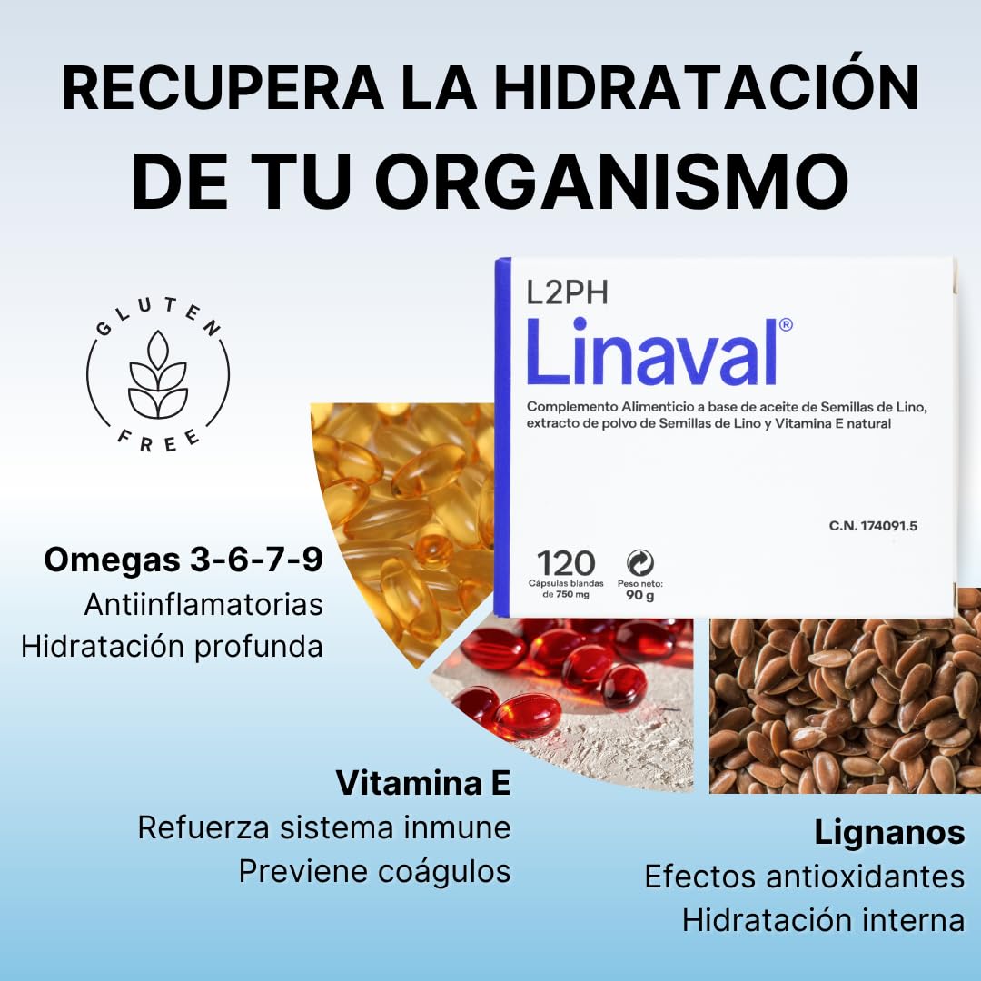 LINAVAL Complemento alimenticio para hidratación profunda de piel, ojos y mucosas (120 cápsulas). Complemento nutricional con Omegas 3-6-7-9 y Vitamina E